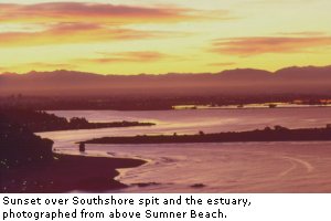 Sunset over Southshore spit and the estuary, photographed from above Sumner Beach. Kay Holder, of Coast Care. 