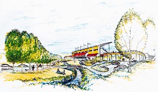 An artists sketch of St Albans Creek after the English Park redevelopment