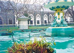 An empty Peacock Fountain in the Botanic Gardens