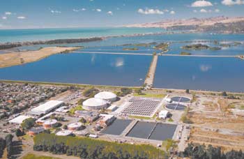 Looking south east towards the ocean over the citys wastewater treatment plant and oxidation ponds.