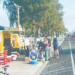 A Go by Bike celebration station in Sydenham rewards some early morning cyclists.