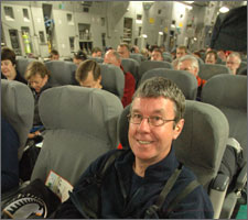 Mayor Garry Moore on flight to Antarctica as part of the celebrations to mark Sir Edmund Hilary's leadership of the joint New Zealand British Commonwealth Trans-Antarctic Expedition 50 years ago.
